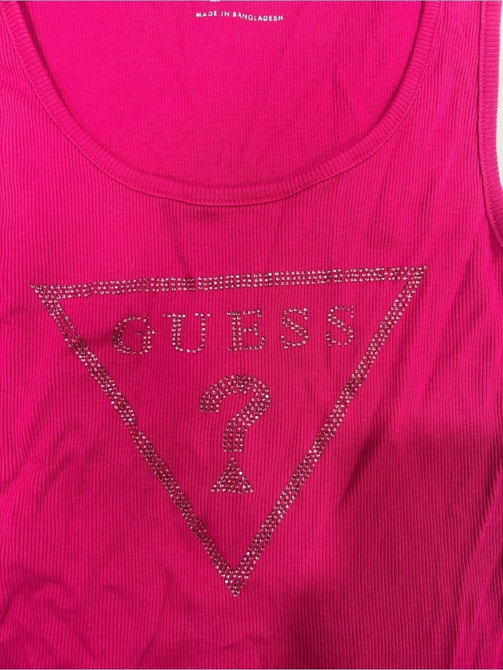 GUESS Rhinestone Triangle Logo Ribbed Tank Top Pink - Picture 4 of 4